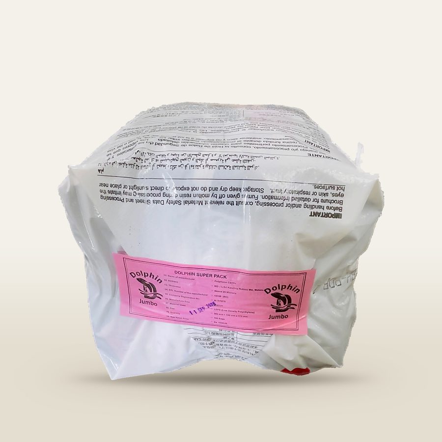 A pack of Dolphin carrier bags, labelled with the material, size and micron